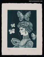 主要名稱：藏書票—蝴蝶與盤髮的女生/劃一題名：芥舟．原野賢吉藏書票集圖檔，第1張，共1張