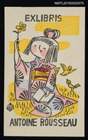 主要名稱：藏書票—草地上持花與書的女生圖檔，第1張，共1張