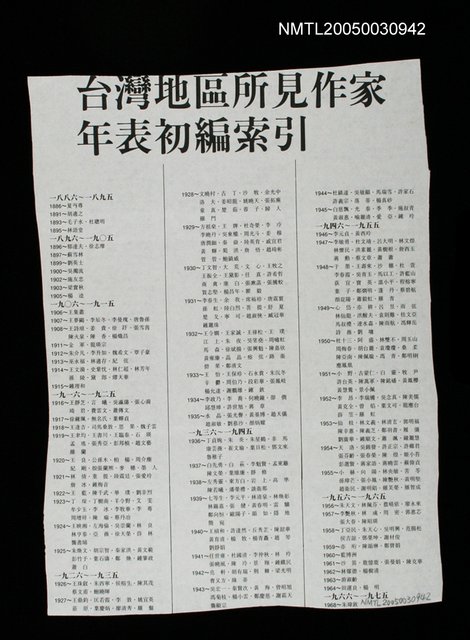 主要名稱：台灣地區所見作年表初編索引圖檔，第1張，共1張
