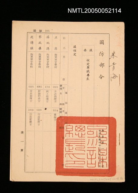 主要名稱：國防部令－核定軍職專長圖檔，第1張，共1張