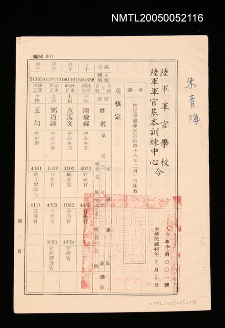 主要名稱：陸軍軍官學校陸軍軍官基本訓練中心－核定軍職專長圖檔，第1張，共1張