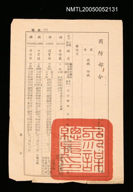 主要名稱：國防部調職任職令圖檔，第1張，共1張