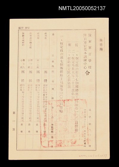 主要名稱：陸軍軍官學校．陸軍軍官基本訓練中心獎懲令圖檔，第1張，共1張