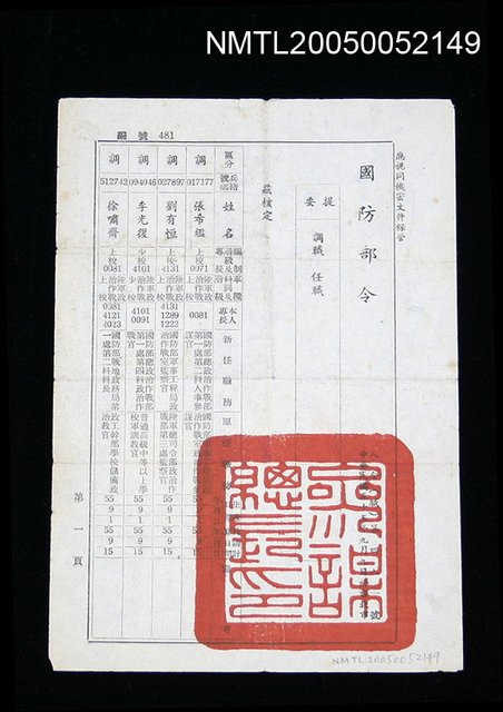 主要名稱：國防部調職任職令圖檔，第1張，共1張