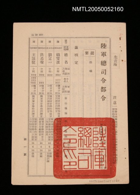 主要名稱：陸軍總司令任職令圖檔，第1張，共1張