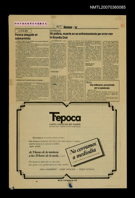 主要標題：〈Perece ahogado un submarinista〉西班牙報紙報導荷西遇難消息圖檔，第1張，共3張