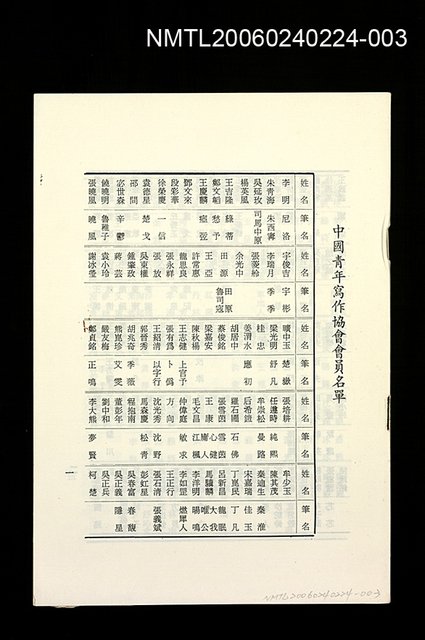 主要名稱：中國青年寫作協會會員名單圖檔，第1張，共1張