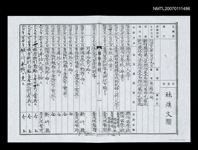 主要名稱：林海音父親林煥文先生履歷資料（影本）圖檔，第1張，共1張