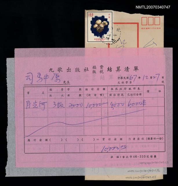 主要名稱：九歌出版社「月光河」稿費版稅結算清單圖檔，第1張，共1張
