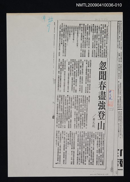 主要標題：忽聞春盡強登山（影本）/報紙名稱：不詳/劃一題名：領養一株雲杉圖檔，第1張，共1張