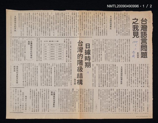 主要標題：台灣語言問題之我見（一）（二）/報紙名稱：華僑日報圖檔，第1張，共2張