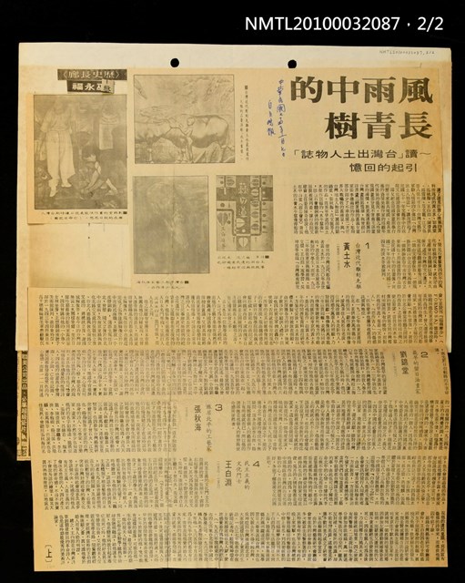 主要標題：風雨中的長青樹—讀「台灣出土人物誌」引起的回憶（上）（下）/劃一題名：歷史長廊/報紙名稱：自立晚報圖檔，第2張，共2張