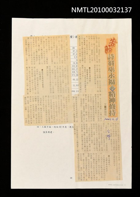 主要標題：苦節詩翁巫永福的精神修持（上）/報紙名稱：台灣時報圖檔，第1張，共1張