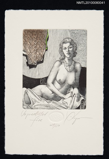 主要名稱：藏書票—Unpredicted Fire（斜側臥女/意外火災）圖檔，第2張，共3張