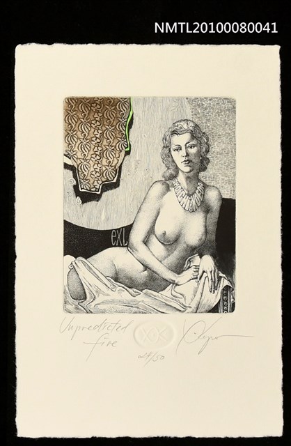 主要名稱：藏書票—Unpredicted Fire（斜側臥女/意外火災）圖檔，第1張，共3張