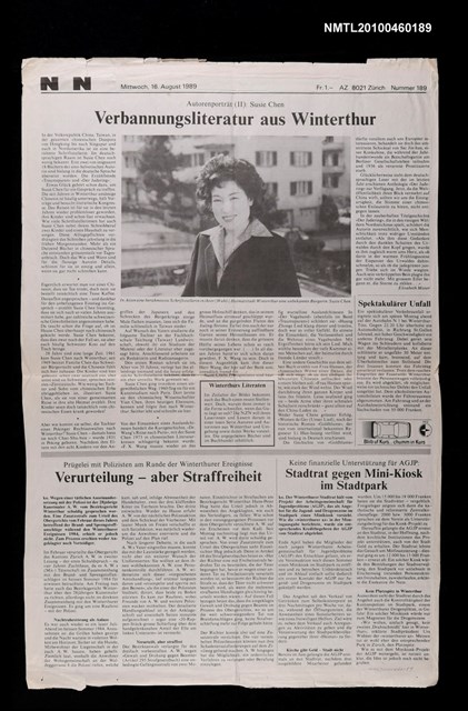 主要標題：Autorenporträt (II) : Susie Chen Verbannungsliteratur aus Winterthur/報紙名稱：NZN圖檔，第1張，共1張