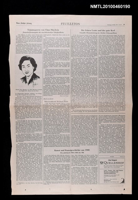 主要標題：Traumspuren von Chao Shu-hsia : Deutsche Erstausgabe der sino-helvetischen Schriftstellerin/報紙名稱：不詳圖檔，第1張，共1張