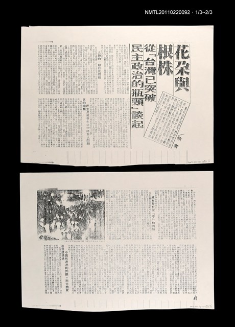 主要標題：花朵與根株—從「台灣已突破民主政治的瓶頸」談起（影本）/報紙名稱：不詳圖檔，第1張，共2張