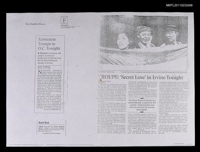 主要標題：TAIWANESE TROUPE IN O.C. TONIGHT；TROUPE: ‘SECRET LOVE’ IN IRVINE TONIGHT（影本）/報紙名稱：Los Angeles Times圖檔，第1張，共1張