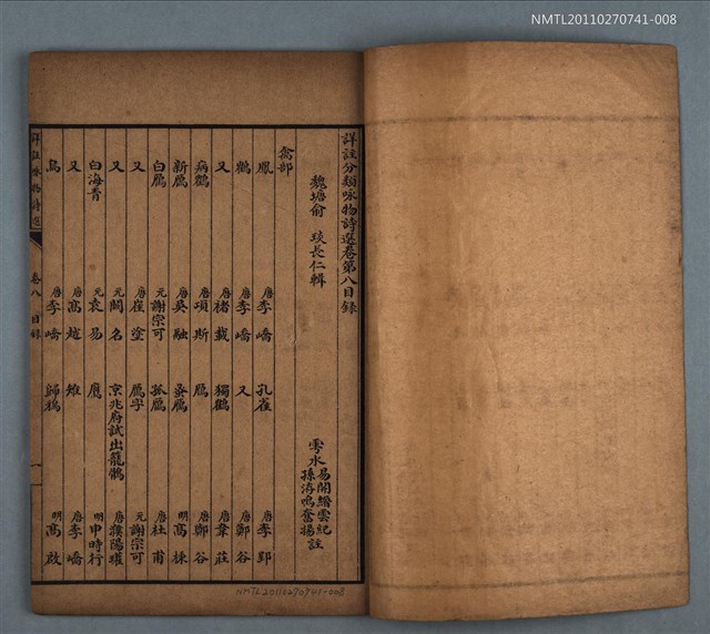 主要名稱：詳註分類歷代詠物詩選  禽獸鱗介昆虫 卷八圖檔，第2張，共2張