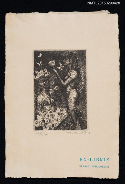 主要名稱：藏書票—蝶、狗與花間少女圖檔，第1張，共1張