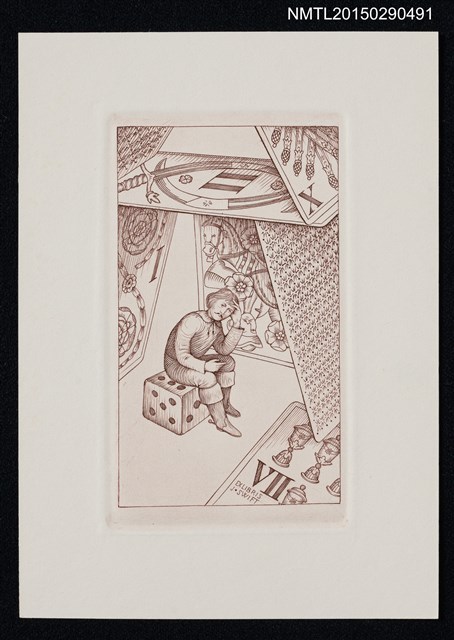 主要名稱：藏書票—手撐太陽穴坐骰子上的人圖檔，第1張，共1張