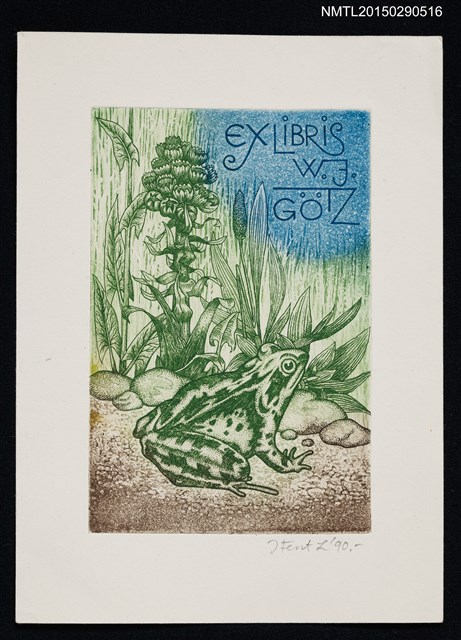 主要名稱：藏書票—植物叢旁的青蛙圖檔，第1張，共1張