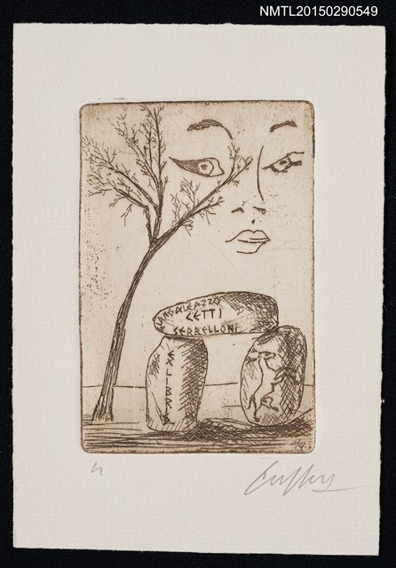 主要名稱：藏書票—人臉輪廓與樹石圖檔，第1張，共1張