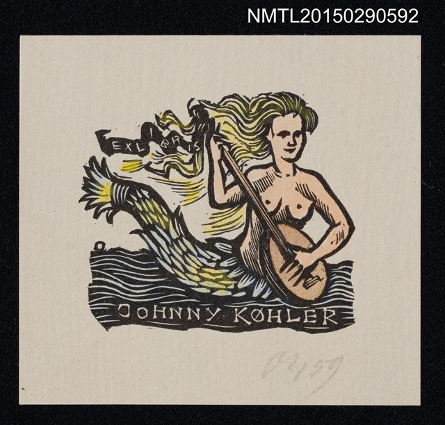 主要名稱：藏書票—彈樂器的美人魚圖檔，第1張，共1張