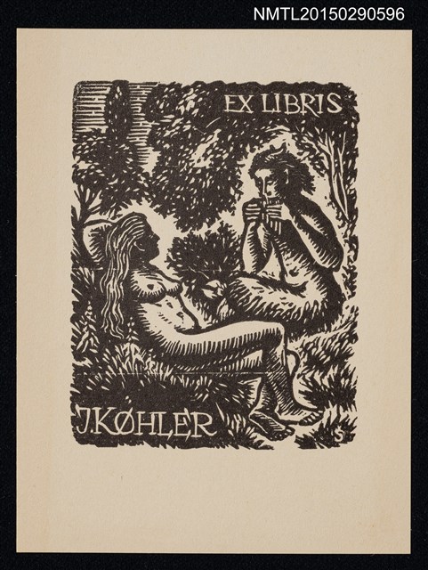 主要名稱：藏書票—牧神吹排笛與女人臥坐樹林間圖檔，第1張，共1張