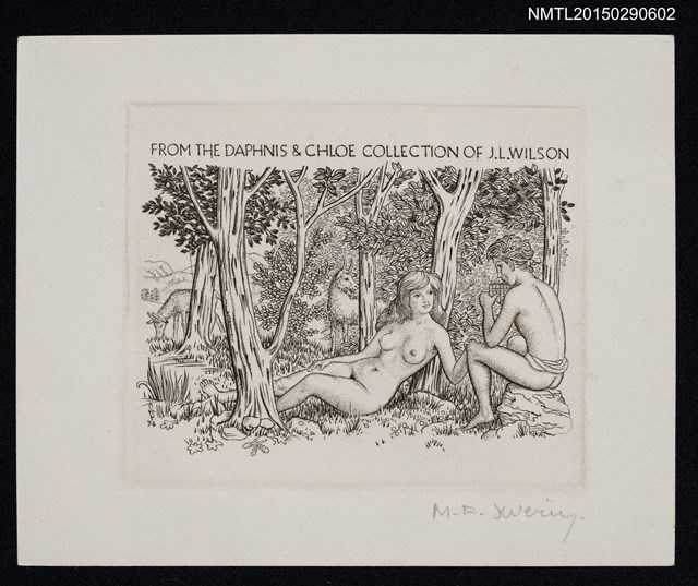 主要名稱：藏書票—吹排笛人與裸女坐落於樹林圖檔，第1張，共1張