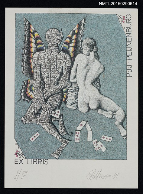 主要名稱：藏書票—女人與鎧甲蝶人圖檔，第1張，共1張