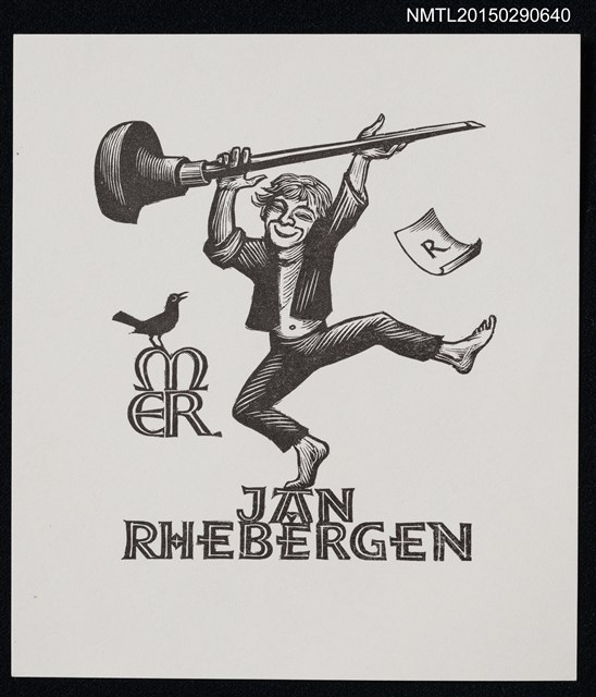 主要名稱：藏書票—單腳站立手持物品的人圖檔，第1張，共1張