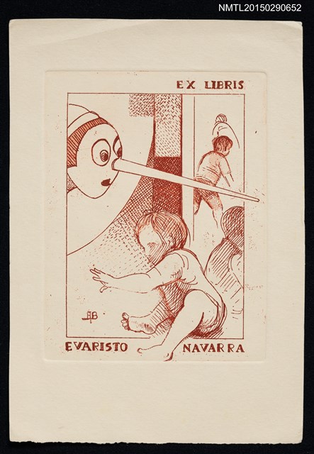 主要名稱：藏書票—長鼻子木偶與小孩圖檔，第1張，共1張