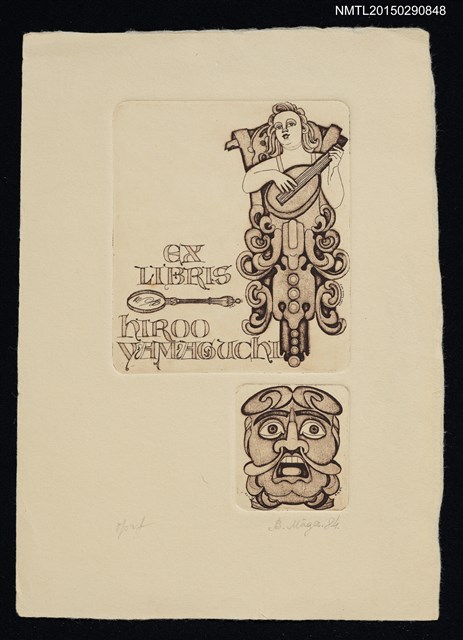 主要名稱：藏書票—手持弦樂器男童與驚訝的人面像圖檔，第1張，共1張