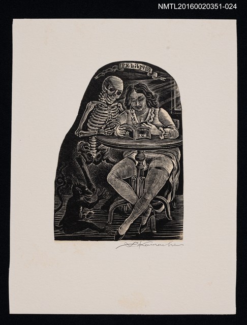 主要名稱：藏書票—伴讀的骷髏/劃一題名：芥舟．原野賢吉藏書票集圖檔，第1張，共1張