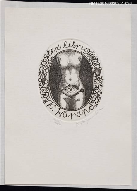 主要名稱：藏書票—饗婦と魚 橢円（饗婦與魚 橢圓）/劃一題名：芥舟．原野賢吉藏書票集圖檔，第1張，共1張