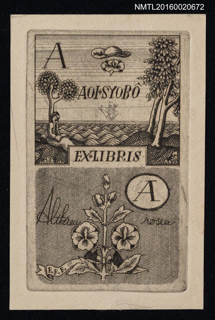 主要名稱：藏書票—海邊閱讀的女生與蜀葵花圖檔，第1張，共1張