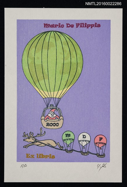 主要名稱：藏書票—搭熱汽球的聖誕老公公圖檔，第1張，共1張