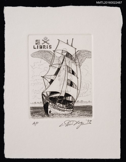 主要名稱：藏書票—帆船（黒人の天使の宿る）圖檔，第1張，共1張