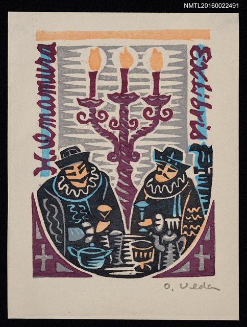 主要名稱：藏書票—互飲的洋人與大蠟燭圖檔，第1張，共1張