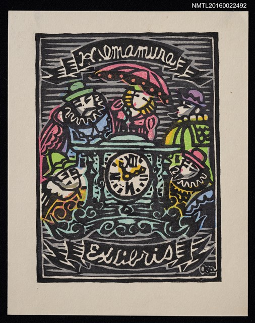 主要名稱：藏書票—洋人與鐘圖檔，第1張，共1張