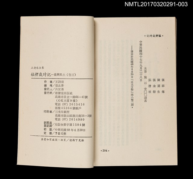 主要名稱：艋舺歲時記/全集題名：王詩琅全集 卷三 臺灣風土圖檔，第6張，共6張