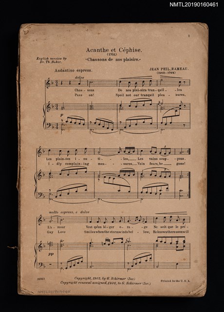 主要名稱：無題名：Acanthe et Céphise 1751 CHASSONS DE NOS PLAISIRS…（殘本）圖檔，第1張，共1張