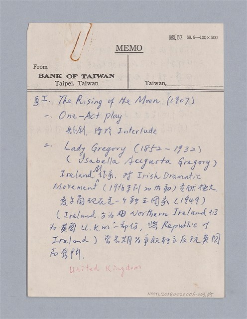 主要名稱：The Rising of the Moon (1907)/劃一題名：劇本導讀教材圖檔，第1張，共9張