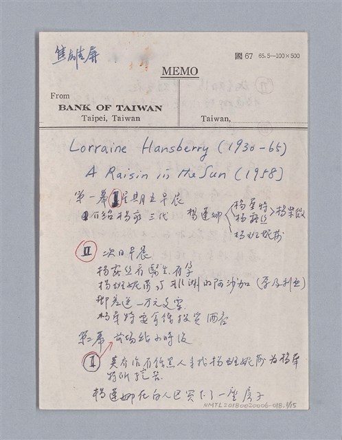 主要名稱：Lorraine Hansberry(1930-1965)/劃一題名：劇本導讀教材圖檔，第1張，共15張