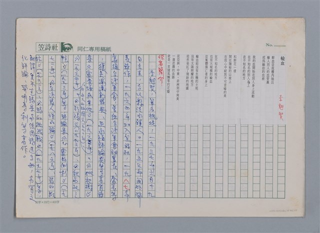 主要名稱：輸血 李魁賢/劃一題名：笠下的一群；笠詩人作品選讀圖檔，第1張，共6張