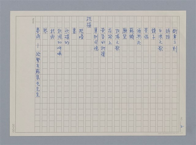 主要名稱：目錄（影本）/劃一題名：《羅浪詩文集》編輯資料圖檔，第9張，共13張