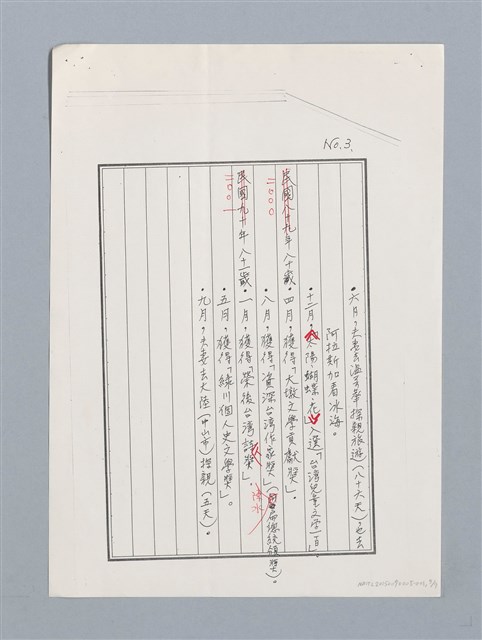 主要名稱：簡目、評介列表與寫作年表（影本）/劃一題名：詹冰詩全集圖檔，第7張，共8張