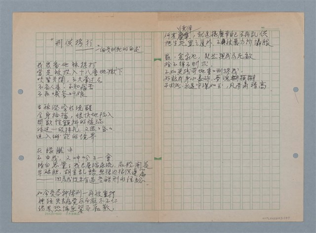 主要名稱：“刑供拷打”—一個受刑犯的自述圖檔，第1張，共2張